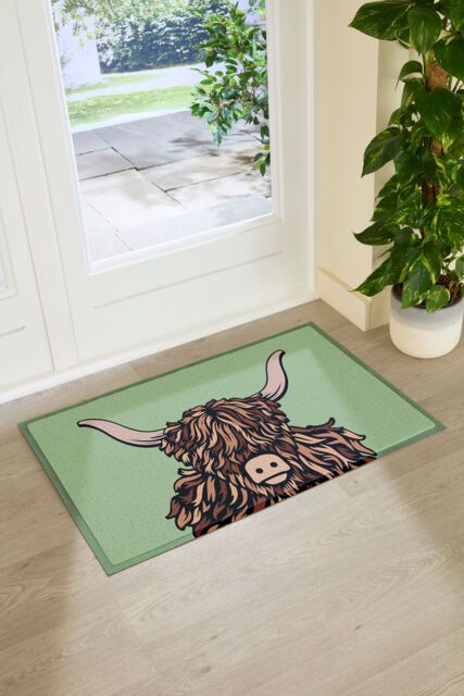 Artsy Mats Highland Cow Doormat in Green - Size: 90 cm x 60 cm - image 1