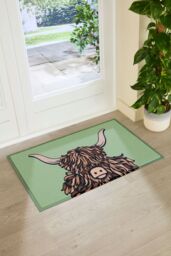 Artsy Mats Highland Cow Doormat in Green - Size: 90 cm x 60 cm - thumbnail 1
