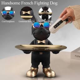 Huhote Bulldog Statue Resin Black Candy Dish Key Holder Decor Table Decor - thumbnail 3