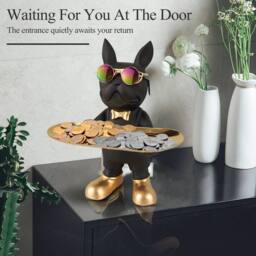 Huhote Bulldog Statue Resin Black Candy Dish Key Holder Decor Table Decor - thumbnail 6