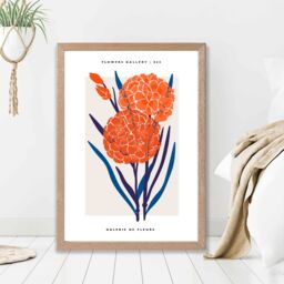 ARTZE Blue & Orange Allium Flower Market Exhibition Framed Print SIZE: A3 with Oak Frame - Size: A4 - thumbnail 2