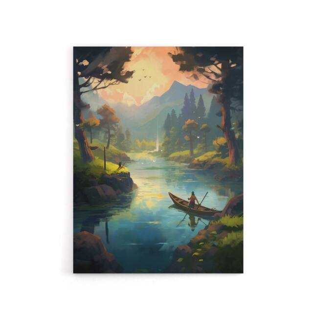 "Artery8 Fishermen Forest River Fishing Canvas Wall Art Print in Green - Size: W18"" x H24""" - image 1