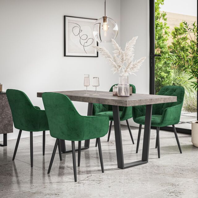 More4Homes Aria Dining Table & Chairs - Concrete Effect Table Top w Black Legs + Anika Velvet Dining Chair Set Of 4 in Green - image 1