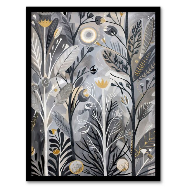 "Artery8 Wildflower Meadow Grey Orange Botanical Folk Art Framed Art Print - Size: W12"" x H16""" - image 1