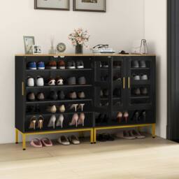 Costway Wooden 5-Tier Shoe Cabinet Modern Shoe Storage Organizer w/Glass Doors in Black - thumbnail 4