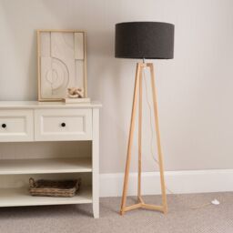ValueLights Lottie Natural Wood Tripod Floor Lamp with Boucle Drum Shade & LED Bulb in Charcoal - thumbnail 3