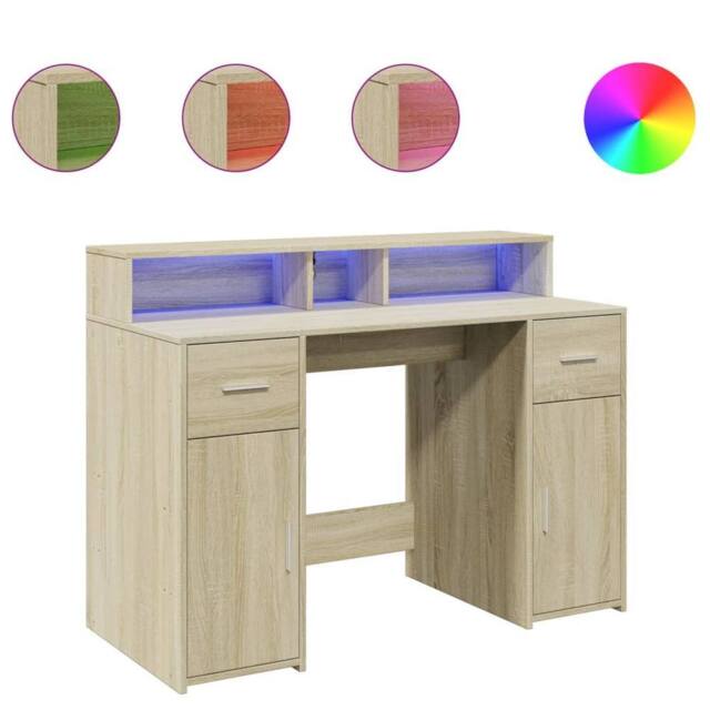 Berkfield Home Desk with LED Lights Sonoma Oak 120x55x91 cm Engineered Wood in Light Brown - Size: 120 x 55 x 91 cm - image 1