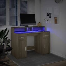 Berkfield Home Desk with LED Lights Sonoma Oak 120x55x91 cm Engineered Wood in Light Brown - Size: 120 x 55 x 91 cm - thumbnail 5