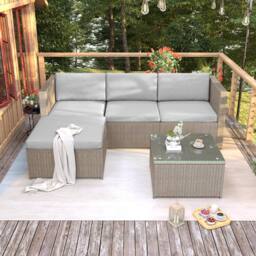HomeTouch Outdoor Rattan Corner Sofa Set with Glass Top Coffee Table in Khaki - Size: 3 Pack - thumbnail 3