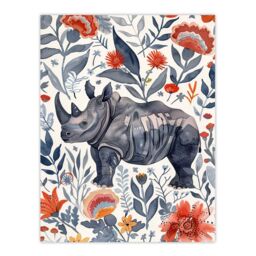 "Artery8 Rhinoceros Rhino Blue Red Floral Pattern Portrait Wall Art Print - Size: W24"" x H32""" - thumbnail 1