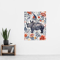 "Artery8 Rhinoceros Rhino Blue Red Floral Pattern Portrait Wall Art Print - Size: W24"" x H32""" - thumbnail 4