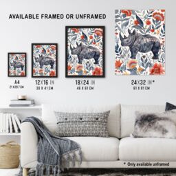 "Artery8 Rhinoceros Rhino Blue Red Floral Pattern Portrait Wall Art Print - Size: W24"" x H32""" - thumbnail 3
