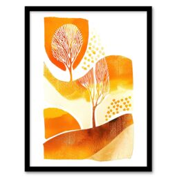 Artery8 Autumn Countryside Trees Abstract Watercolour Framed Wall Art in Mustard - Size: A4 - thumbnail 1