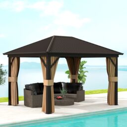 OUTSUNNY 3.6 x 3(m) Metal Garden Hardtop Gazebo with Screened Curtain Brown - thumbnail 1