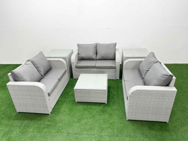 Fimous 6 Seater PE Wicker Rattan Furniture Sofa Sets with Square Coffee Table 2 Seater Love Sofa 2 Side Table Light Grey - image 1
