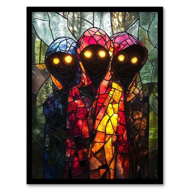 "Artery8 Three Cloaked Witches Fantasy Stained Glass Framed Art Print - Size: W12"" x H16""" - image 1