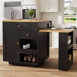 BTM Extendable Bar Table Storage Wine Rack Kitchen Island Black 2-6P - thumbnail 2