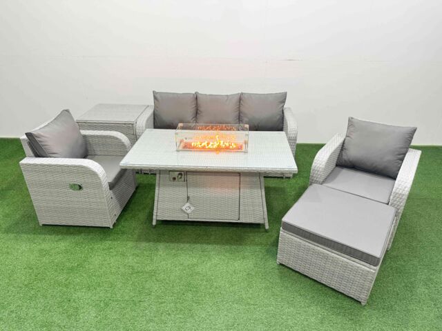 Fimous PE Rattan Garden Furniture Set Reclining Chair Sofa Lounge Sofa Set Firepit Dining Table Side Table Big Footstool Light Grey - image 1