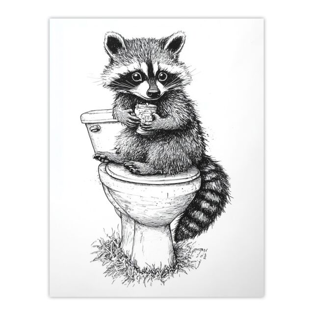 "Artery8 Cute Raccoon On Toilet Funny Black White Drawing Wall Art Print - Size: W24"" x H32""" - image 1