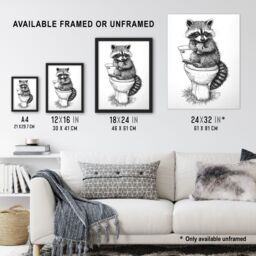 "Artery8 Cute Raccoon On Toilet Funny Black White Drawing Wall Art Print - Size: W24"" x H32""" - thumbnail 3