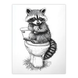 "Artery8 Cute Raccoon On Toilet Funny Black White Drawing Wall Art Print - Size: W24"" x H32""" - thumbnail 1