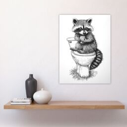 "Artery8 Cute Raccoon On Toilet Funny Black White Drawing Wall Art Print - Size: W24"" x H32""" - thumbnail 4