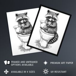 "Artery8 Cute Raccoon On Toilet Funny Black White Drawing Wall Art Print - Size: W24"" x H32""" - thumbnail 2