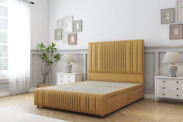 "Sloomy Kingsley Plush Divan Base 4 Drawers-54"" Headboard & 12"" Footboard in Mustard - Size: Double" - image 1
