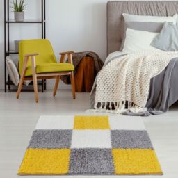 THE RUGS Soft Yellow Ivory Check High Pile Shaggy Rugs & Runners Living Room - Size: 120 cm x 120 cm - thumbnail 7