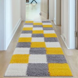 THE RUGS Soft Yellow Ivory Check High Pile Shaggy Rugs & Runners Living Room - Size: 120 cm x 120 cm - thumbnail 9