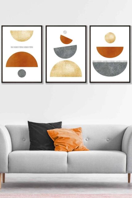 ARTZE Orange, Gold & Grey Abstract Mid Century Geometric Framed Wall Art - Large in Black - Size: W53 cm x H73 cm x D20mm - image 1