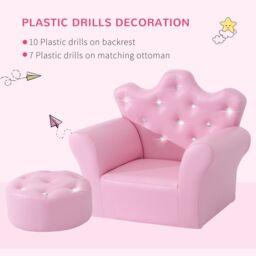 HOMCOM Kids Sofa Set, 2PCs Crown-Themed Child Armchair with Ottoman, Pink - thumbnail 6