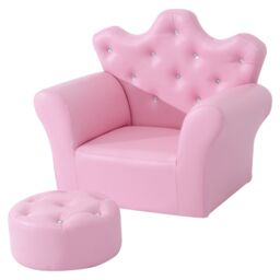 HOMCOM Kids Sofa Set, 2PCs Crown-Themed Child Armchair with Ottoman, Pink - thumbnail 2