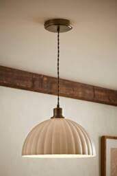ValueLights Bourton Cream Ribbed Dome Pendant Ceiling Light in Gold