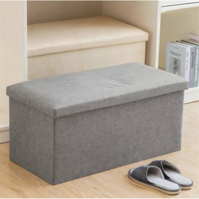Kelvenix Folding Storage Ottoman Linen Look Plaid Check Fabric Stool in Grey - image 1