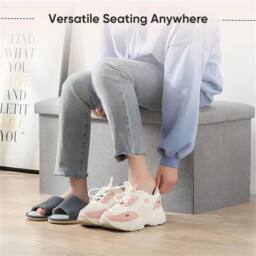 Kelvenix Folding Storage Ottoman Linen Look Plaid Check Fabric Stool in Grey - thumbnail 5