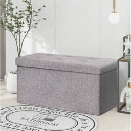 Kelvenix Folding Storage Ottoman Linen Look Plaid Check Fabric Stool in Grey - thumbnail 2