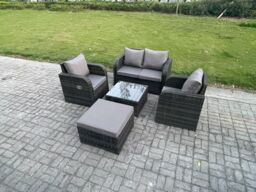 Fimous Wicker PE Rattan Garden Furniture Set Outdoor Lounge Sofa Set with Love Sofa Square Coffee Table Big Footstool in Dark Grey - thumbnail 1