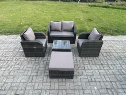 Fimous Wicker PE Rattan Garden Furniture Set Outdoor Lounge Sofa Set with Love Sofa Square Coffee Table Big Footstool in Dark Grey - thumbnail 2