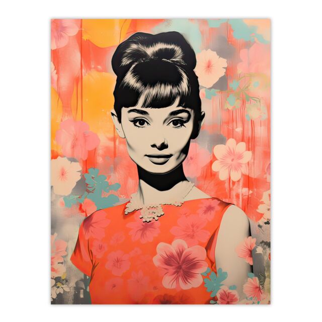 "Artery8 Wall Art Print Hepburn Smiling Floral Artwork Orange Pink Blue Poster - Size: W18"" x H24""" - image 1
