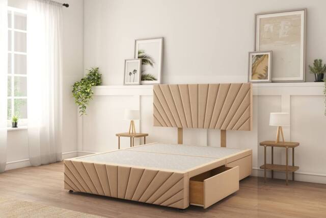 "Sloomy Amberley Plush Divan Bed Base 4 Drawers With 26"" Strutted Headboard & 12"" Matching Footboard in Stone - Size: Super King" - image 1