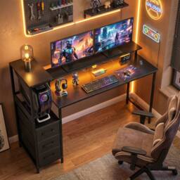 HOMCOM 147cm Gaming Desk with Charging Station & RGB Lights in Black - thumbnail 1