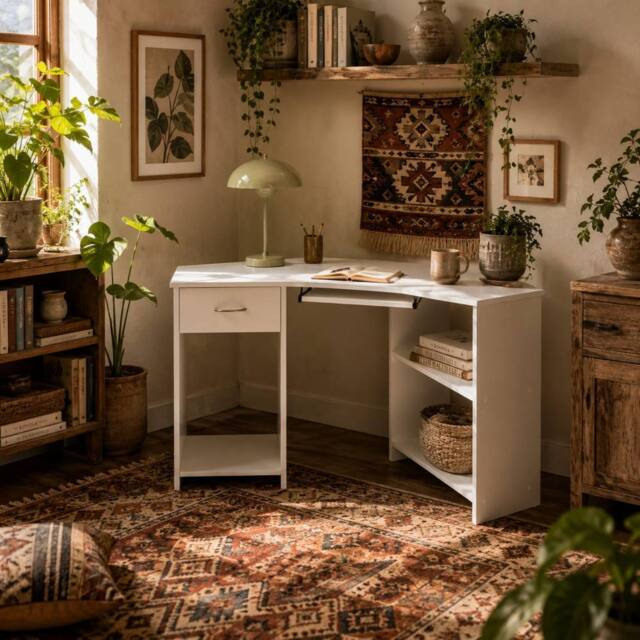 Wyld Haus Bavise 120cm White L Shaped Corner Desk with Keyboard Tray & Storage - image 1