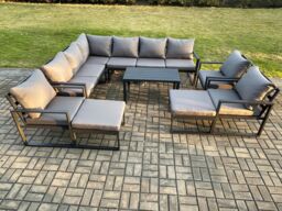 Fimous Aluminum 11 Seater Outdoor Lounge Corner Sofa Set Garden Furniture Sets with Oblong Coffee Table 3 Chairs 2 Big Footstools Dark Grey - thumbnail 2