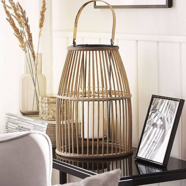 Wyld and Coco Beige Bamboo Lantern 32cm Glass Candle Holder Boho Indoor Outdoor - image 1