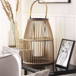 Wyld and Coco Beige Bamboo Lantern 32cm Glass Candle Holder Boho Indoor Outdoor