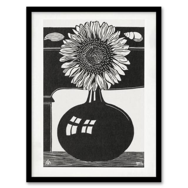 Artery8 Stylised Sunflower in a Vase De Mesquita Framed Wall Art Print in Black - Size: A4 - image 1