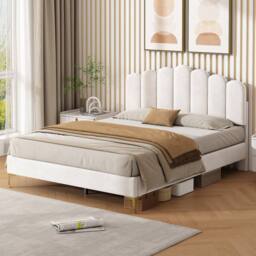 Matteo Double Velvet Upholstered Bed Frame with Scalloped Headboard in Beige