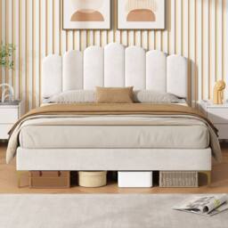 Matteo Double Velvet Upholstered Bed Frame with Scalloped Headboard in Beige - thumbnail 4