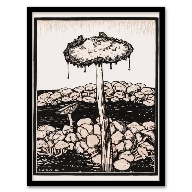 Artery8 Julie de Graag Framed Wall Art Print Dripping Mushroom Painting in Beige - Size: A4 - image 1
